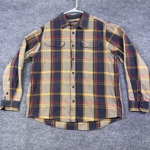 Orvis Mens XL Plaid Flannel Shirt Jacket Fleece Lined Heavyweight Tan Navy Red